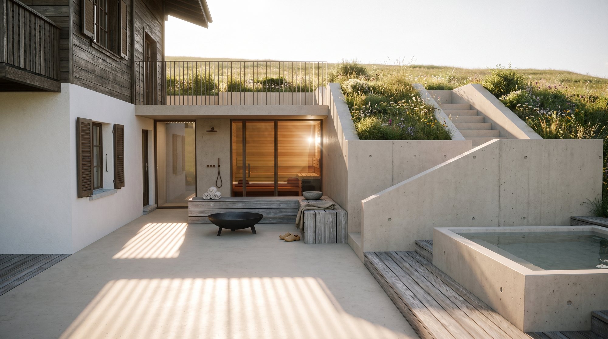Gedeckter Sitzplatz mit Sauna und Outdoor-Dusche