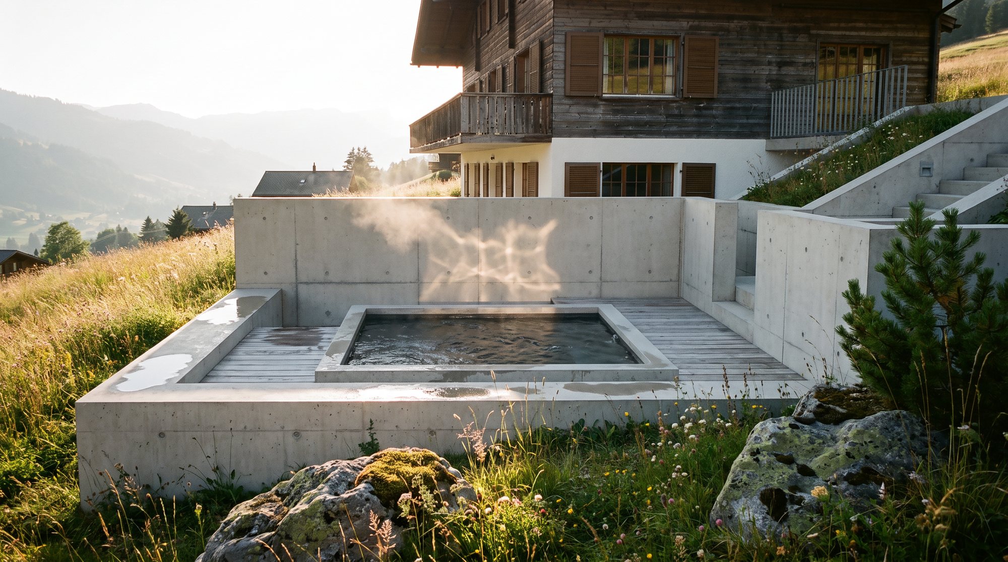 Warmbecken in Sichtbeton von der Wiese aus