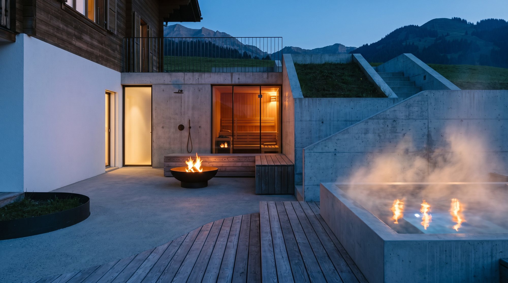 Sitzplatz und Warmbecken in der blauen Stunde